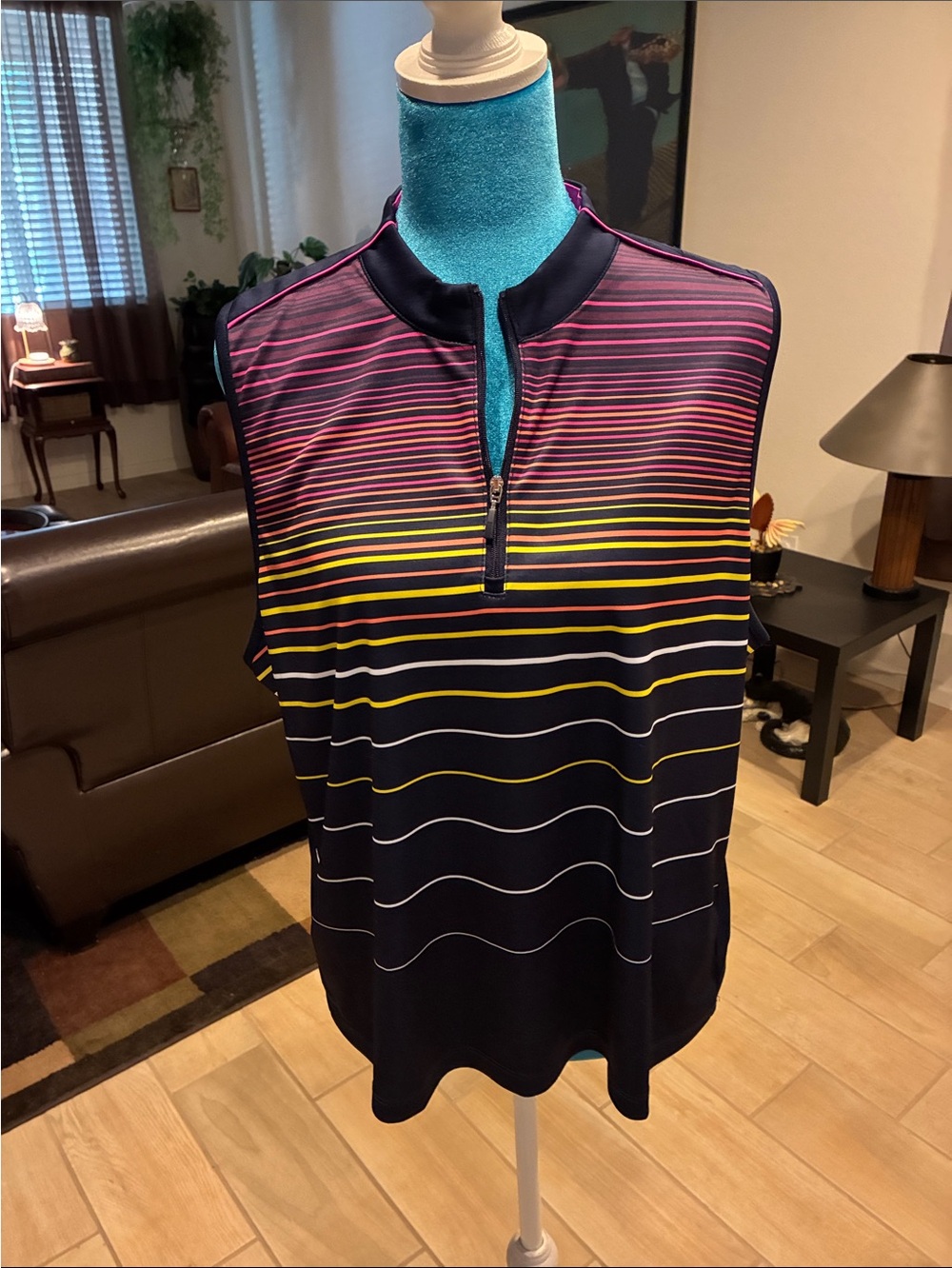 PGA Tour Women's Black Zip-Front Sleeveless Polo with Multi-Colored Stripes